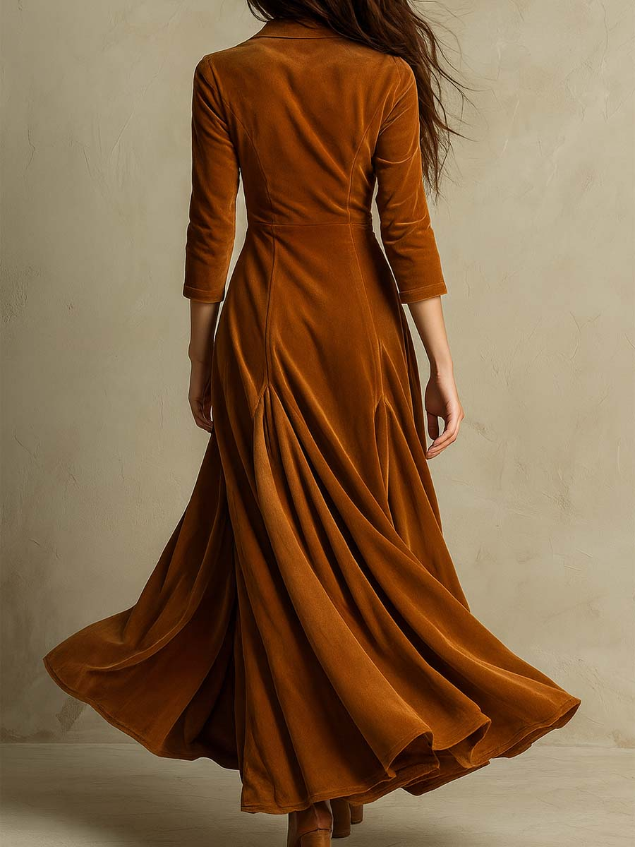 Mercedes Brown Elegant Retro Suit Collar Velvet Long Dress – Sienna Noosa