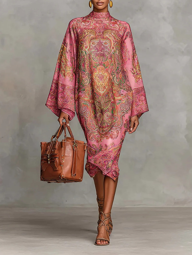 Pink Paisley Print Flared Long Sleeve Loose Midi Dress – Sienna Noosa