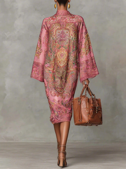 Pink Paisley Print Flared Long Sleeve Loose Midi Dress – Sienna Noosa