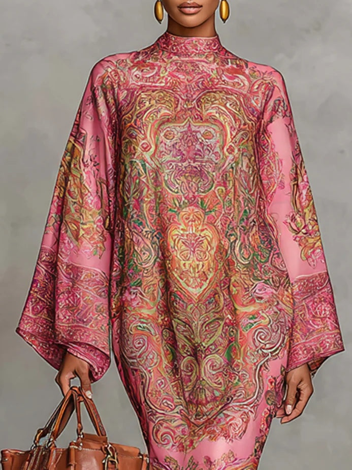 Pink Paisley Print Flared Long Sleeve Loose Midi Dress – Sienna Noosa