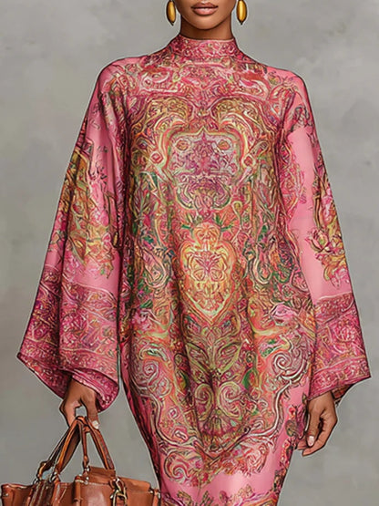 Pink Paisley Print Flared Long Sleeve Loose Midi Dress – Sienna Noosa