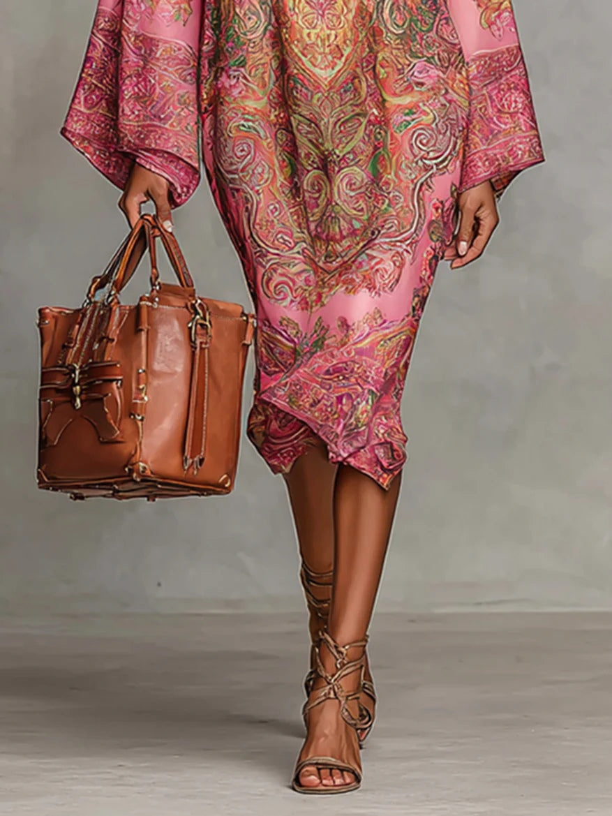 Pink Paisley Print Flared Long Sleeve Loose Midi Dress – Sienna Noosa