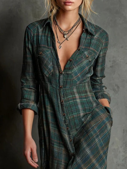Green Plaid Lapel Single Breasted Shirt Long Dress – Sienna Noosa