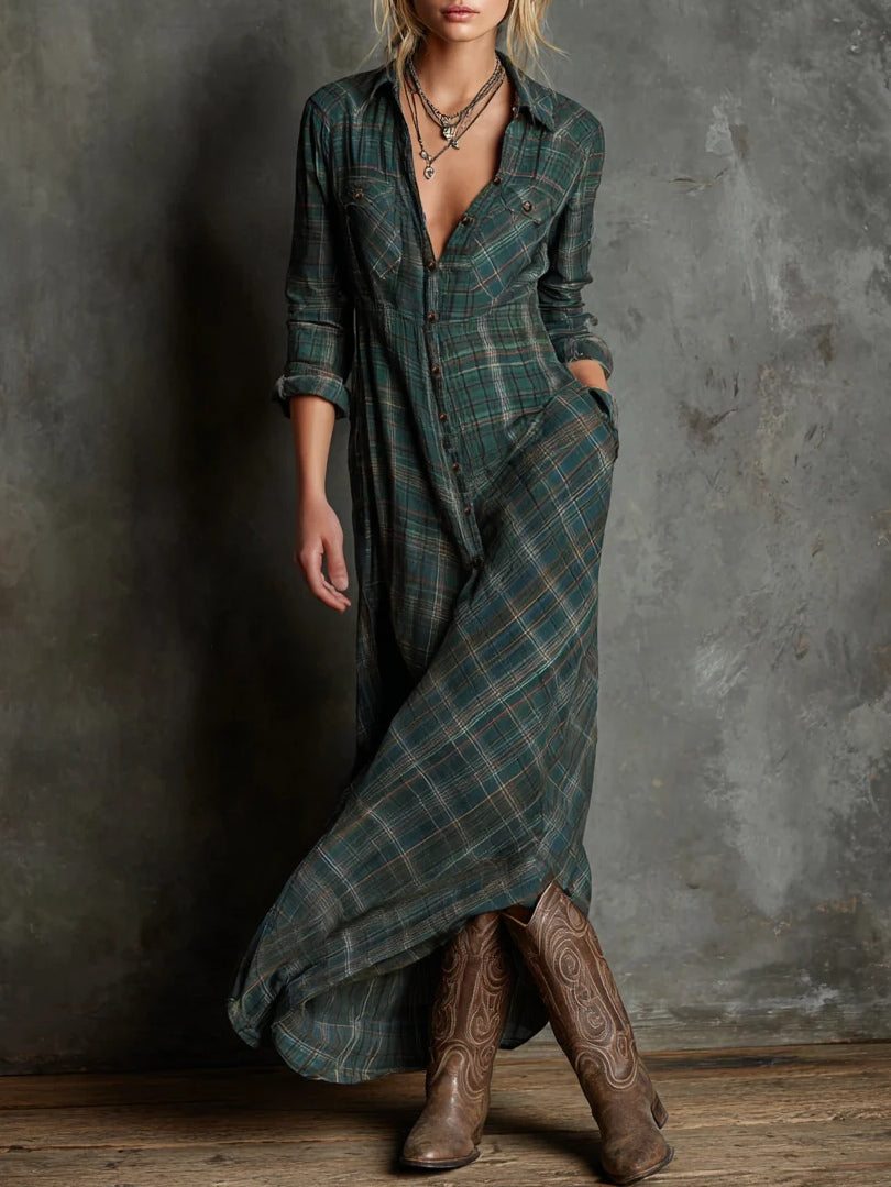 Green Plaid Lapel Single Breasted Shirt Long Dress – Sienna Noosa