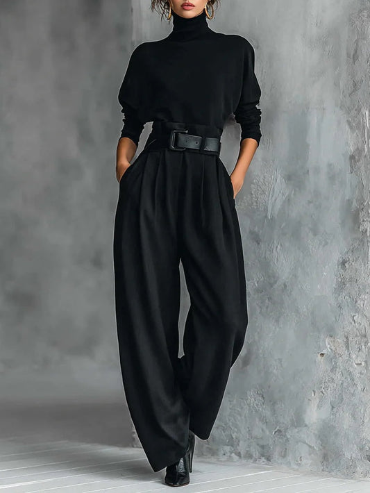 Daniela All Black Turtleneck Long Sleeved T-shirt Shirt and Straight Leg Pants Two-Piece Set Including Belt – Sienna Noosa