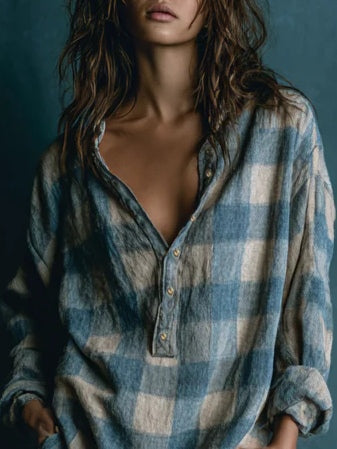 Blue and White Loose Plaid Henley Neck Long Sleeve Mini Dress – Sienna Noosa