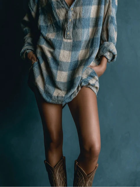 Blue and White Loose Plaid Henley Neck Long Sleeve Mini Dress – Sienna Noosa