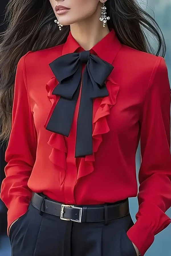 Ruffled Bow Tie Casual Long-sleeved Shirt – Sienna Noosa
