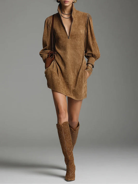 Carla Brown Loose Suede Zipper Turtleneck Mini Dress – Sienna Noosa