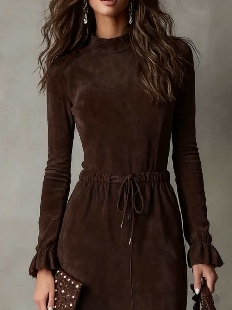 Victoria Elegant Dark Brown Suede Drawstring Irregular Midi Dress – Sienna Noosa