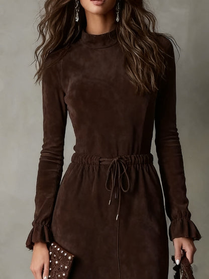 Victoria Elegant Dark Brown Suede Drawstring Irregular Midi Dress – Sienna Noosa