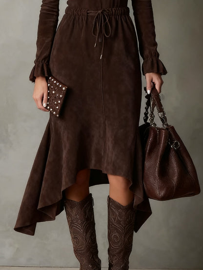 Victoria Elegant Dark Brown Suede Drawstring Irregular Midi Dress – Sienna Noosa