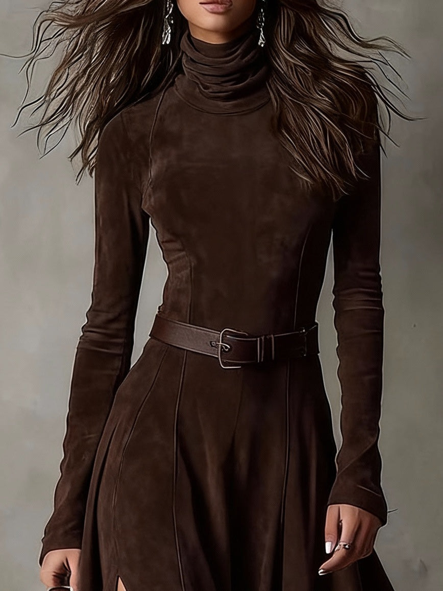 Amanda Dark Brown Faux Suede Turtleneck Long Sleeve Slit Maxi Dress Including Belt – Sienna Noosa