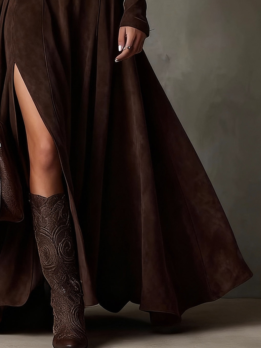 Amanda Dark Brown Faux Suede Turtleneck Long Sleeve Slit Maxi Dress Including Belt – Sienna Noosa