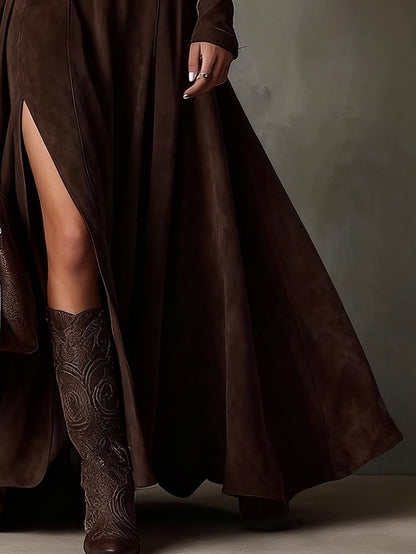 Amanda Dark Brown Faux Suede Turtleneck Long Sleeve Slit Maxi Dress Including Belt – Sienna Noosa