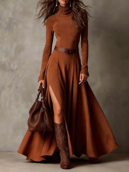 Amanda Dark Brown Faux Suede Turtleneck Long Sleeve Slit Maxi Dress Including Belt – Sienna Noosa