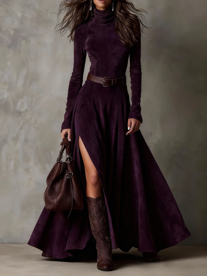 Amanda Dark Brown Faux Suede Turtleneck Long Sleeve Slit Maxi Dress Including Belt – Sienna Noosa