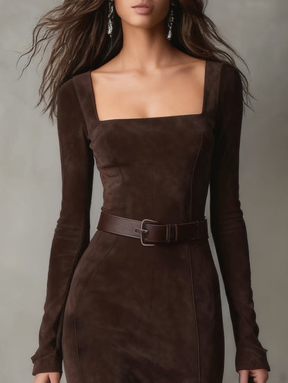 Nerea Elegant Dark Brown Faux Suede Square Neck Maxi Dress Including Belt – Sienna Noosa