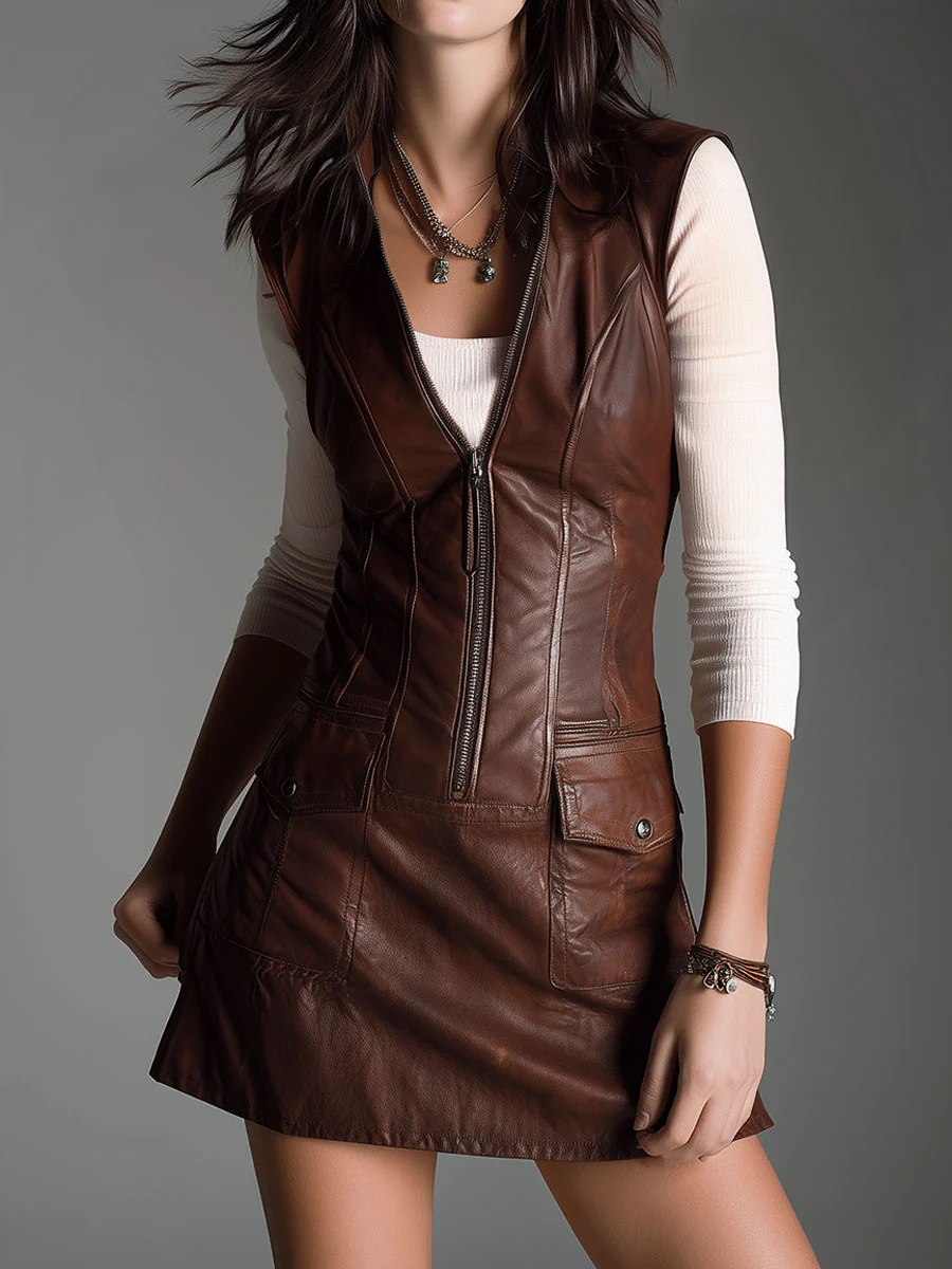 Chocolate Brown Eco-Leather Zip-Up Mini Dress – Sienna Noosa