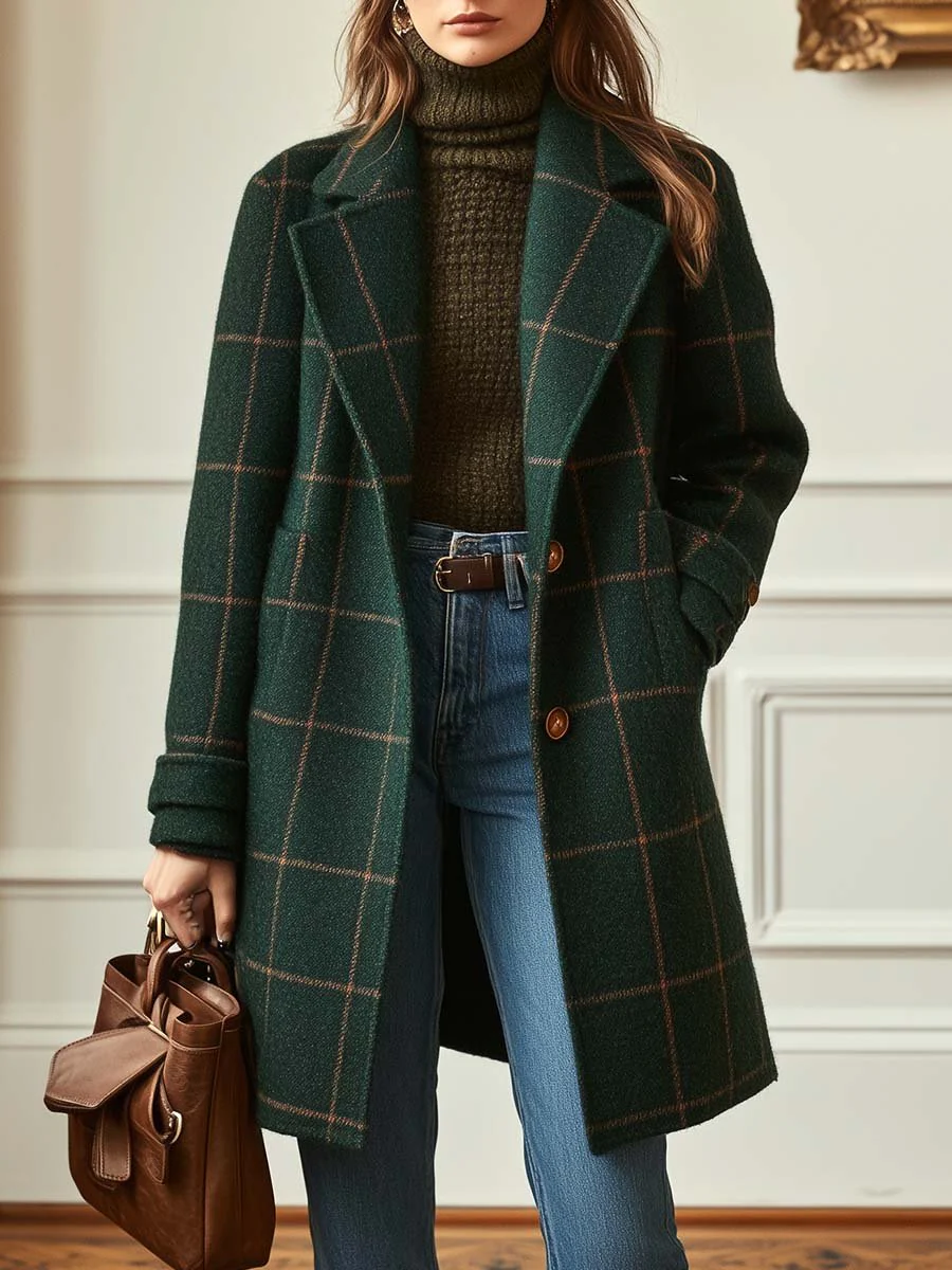 Abrigo Vintage Green Plaid Lapel Mid Length Jacket Coat – Sienna Noosa