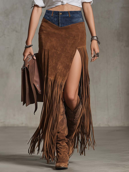 Gilda Fringe Trimmed Faux Denim Irregular Suede Midi Skirt – Sienna Noosa