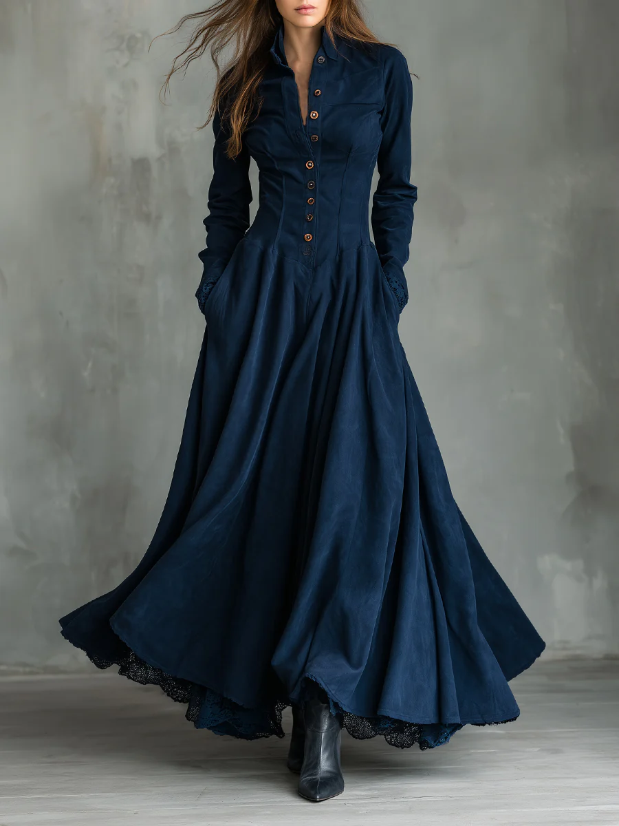 Gothic Dark Blue Faux Suede Lace Trimmed Shirt Collar Maxi Dress – Sienna Noosa
