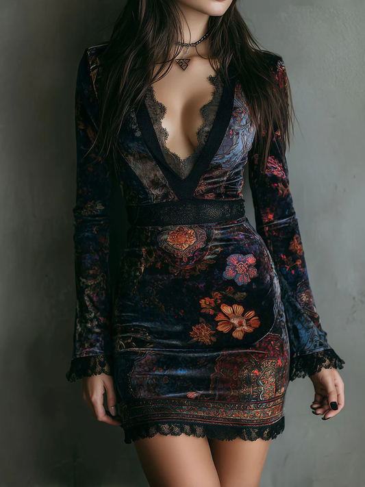 Joanna Floral Print V Neck Velvet Lace Trim Slim Fit Mini Dress – Sienna Noosa