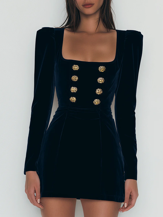 Milena Elegant Navy Velvet Gold Buttons Mini Dress – Sienna Noosa