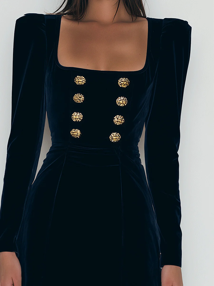 Milena Elegant Navy Velvet Gold Buttons Mini Dress – Sienna Noosa