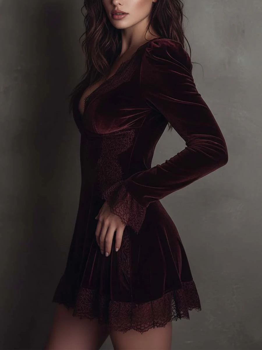 Julia Burgundy Velvet Lace Trimmed V Neck Mini Dress – Sienna Noosa