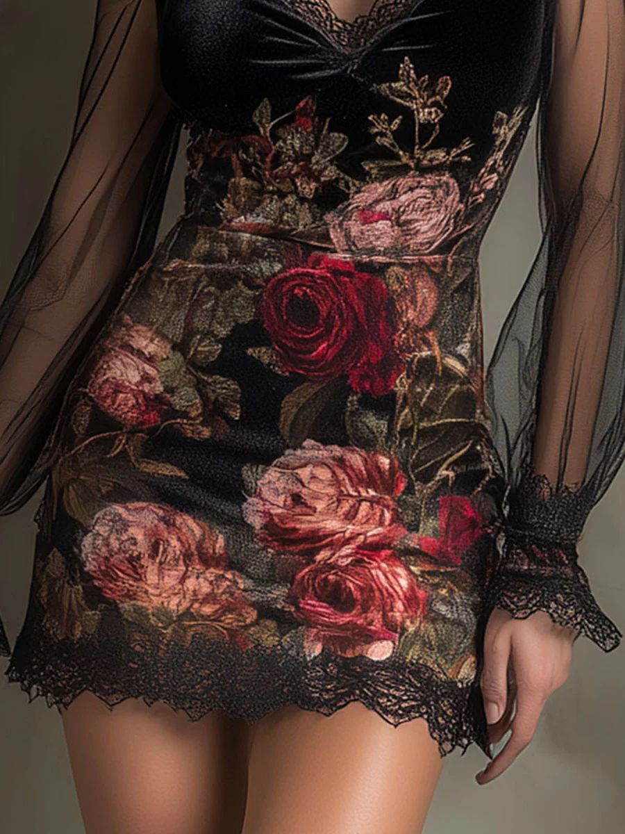 Lorena Velvet Rose Print Tulle Lace Trim Mini Dress – Sienna Noosa