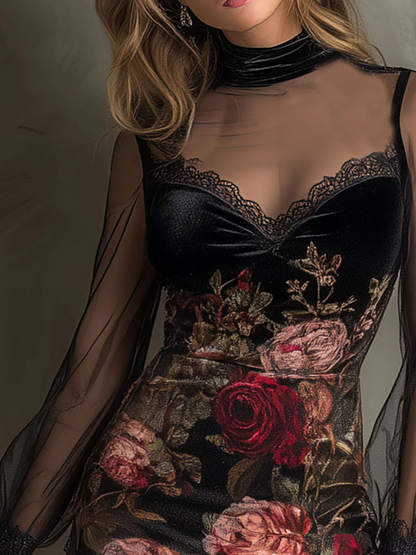 Lorena Velvet Rose Print Tulle Lace Trim Mini Dress – Sienna Noosa