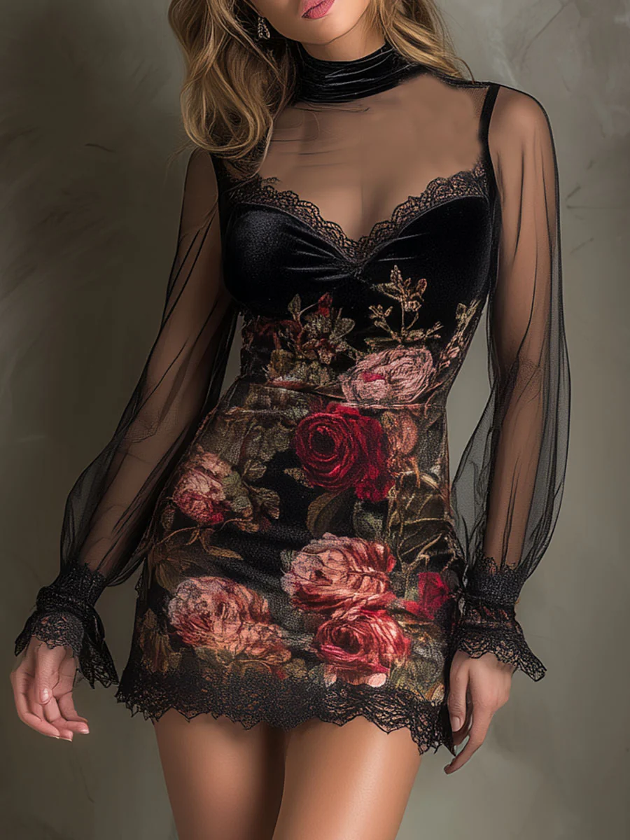 Lorena Velvet Rose Print Tulle Lace Trim Mini Dress – Sienna Noosa
