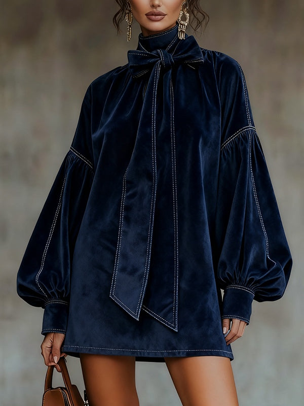 Gemma Dark Blue Velvet Bow Lantern Sleeve Mini Dress – Sienna Noosa
