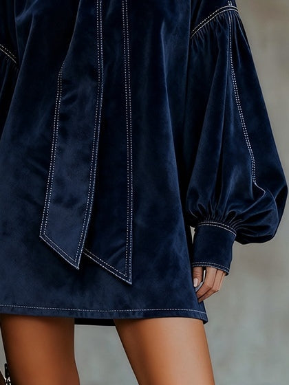 Gemma Dark Blue Velvet Bow Lantern Sleeve Mini Dress – Sienna Noosa