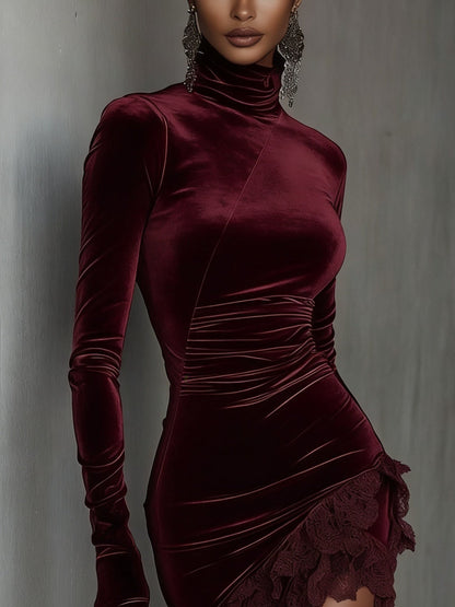 Sabrina Burgundy Velvet Turtleneck Lace Hem Fitted Mini Dress – Sienna Noosa