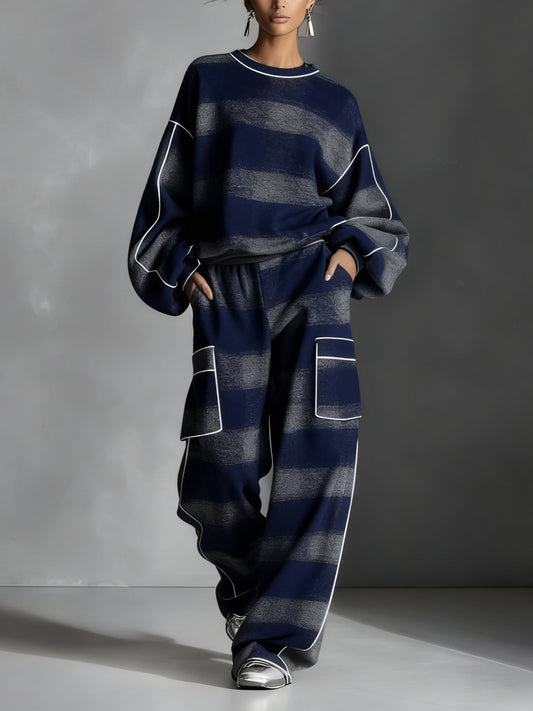 Blue and Gray Plaid Colour Blocked Sweatshirt and Casual Pants Two-Piece Set – Sienna Noosa