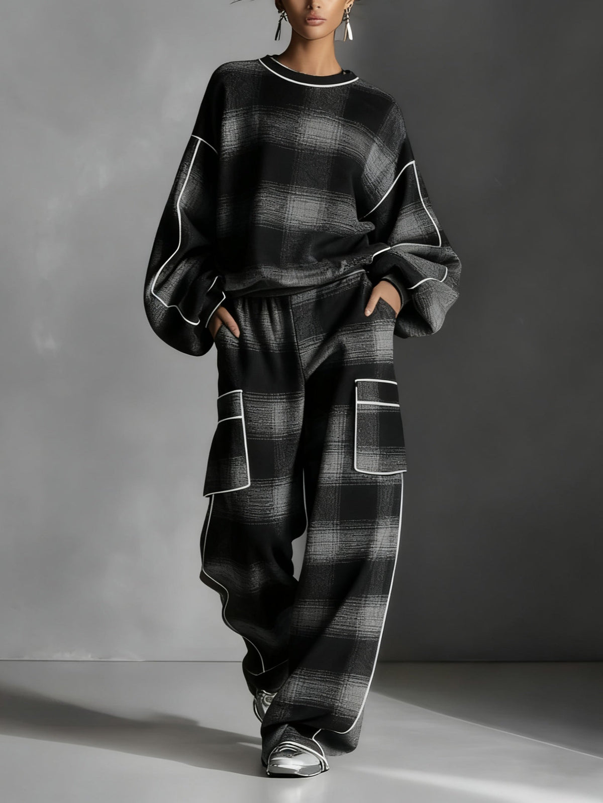 Black and Gray Plaid Colour Blocked Sweatshirt and Casual Pants Two-Piece Set – Sienna Noosa