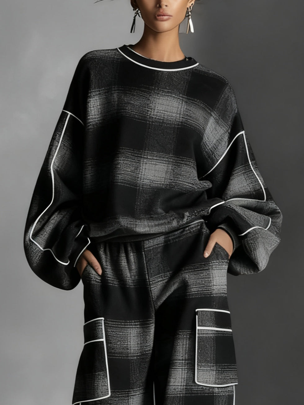 Black and Gray Plaid Colour Blocked Sweatshirt and Casual Pants Two-Piece Set – Sienna Noosa