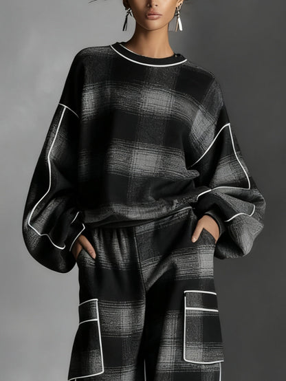 Black and Gray Plaid Colour Blocked Sweatshirt and Casual Pants Two-Piece Set – Sienna Noosa