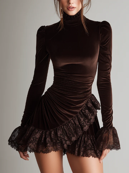 Freya Brown Velvet Turtleneck Ruffled Lace Hem Mini Dress – Sienna Noosa