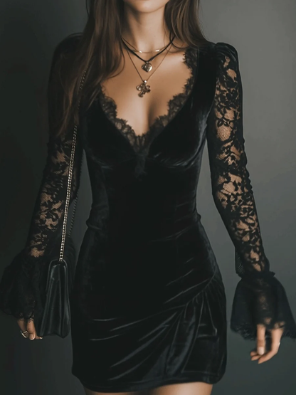 Dafne Black Velvet Lace Flared Sleeve Mini Dress – Sienna Noosa