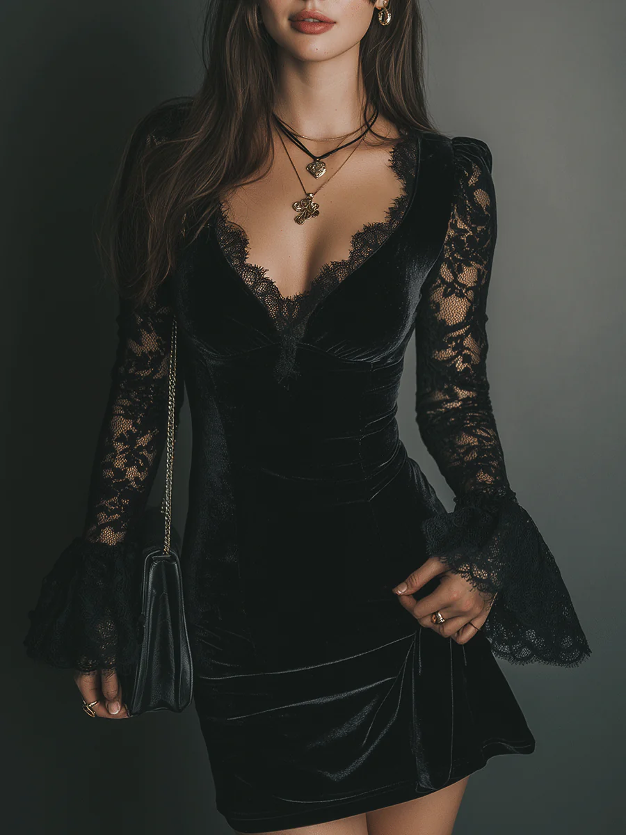 Dafne Black Velvet Lace Flared Sleeve Mini Dress – Sienna Noosa