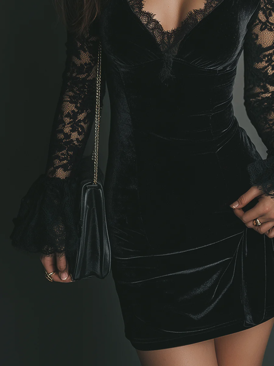 Dafne Black Velvet Lace Flared Sleeve Mini Dress – Sienna Noosa