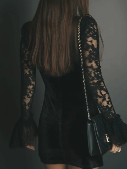 Dafne Black Velvet Lace Flared Sleeve Mini Dress – Sienna Noosa