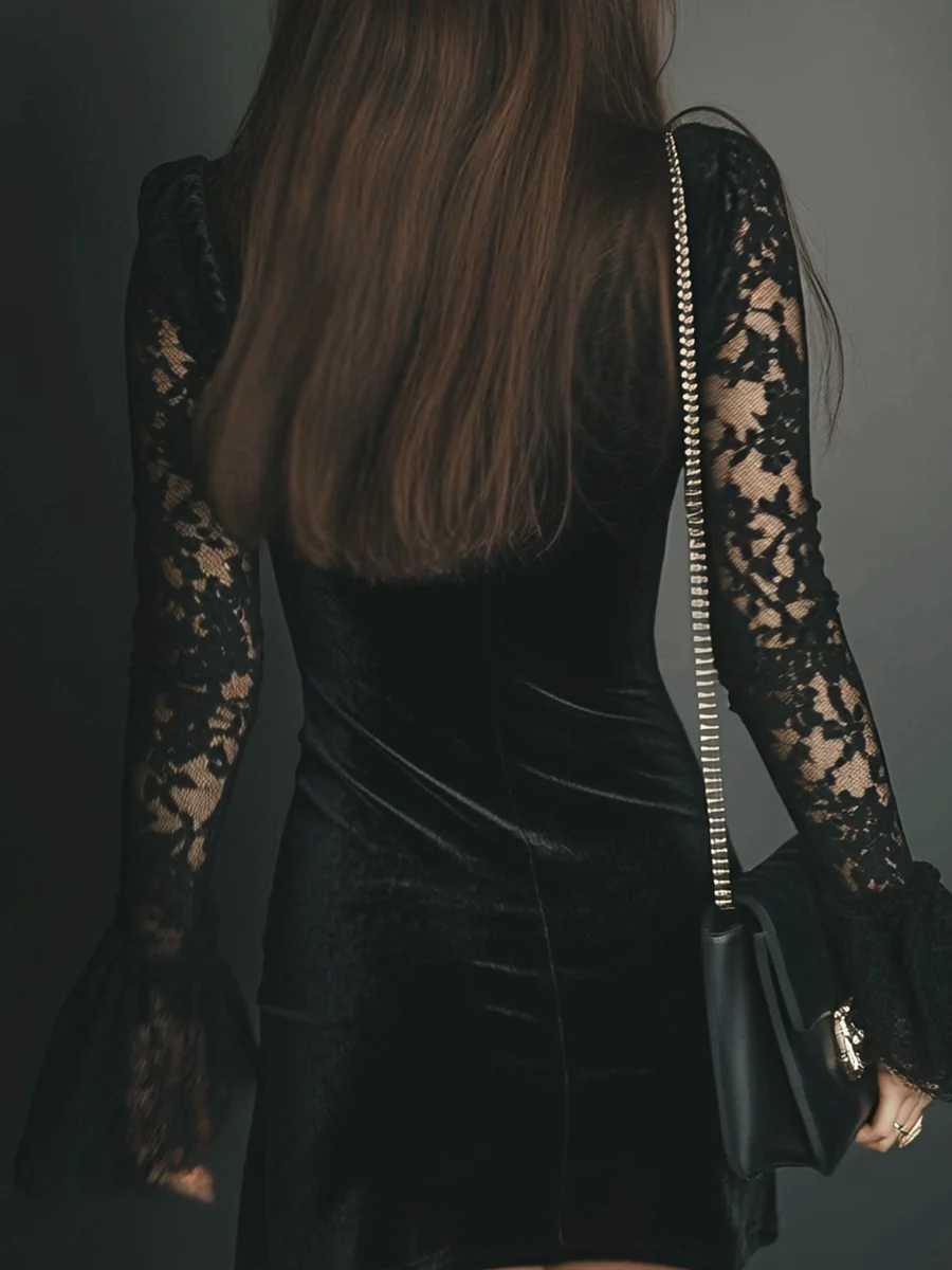Dafne Black Velvet Lace Flared Sleeve Mini Dress – Sienna Noosa