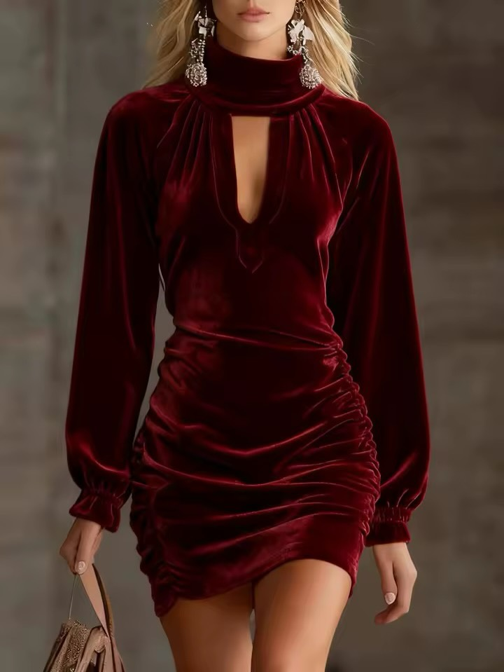 Raquel Velvet High Neck Cutout Ruched Mini Dress – Sienna Noosa