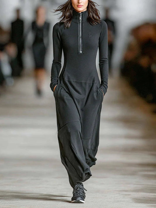 Black Turtleneck Zip Up Loose Fitting Casual Maxi Dress – Sienna Noosa