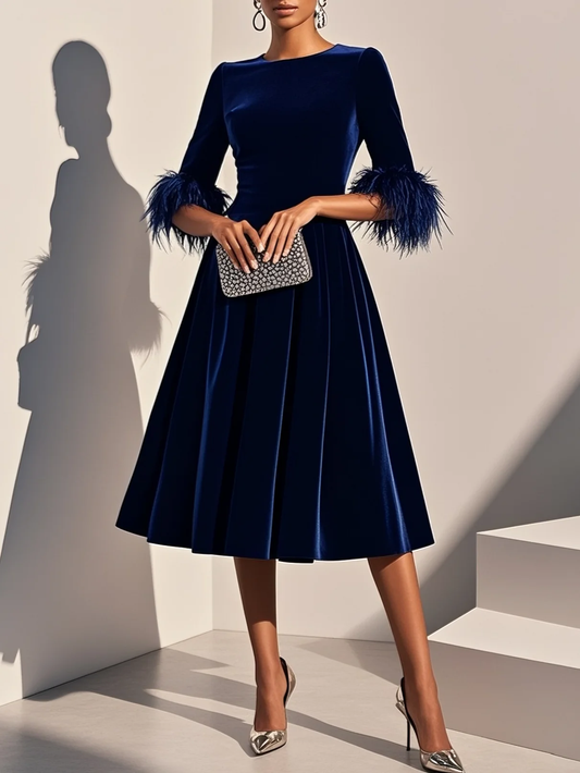 Aitana Dark Blue Feather Trimmed Velvet Round Neck Short Sleeved A-line Line Midi Dress – Sienna Noosa