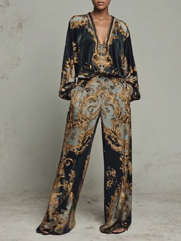 Tania Baroque Ornate Floral Print Top and Wide Leg Trousers Casual Suit – Sienna Noosa